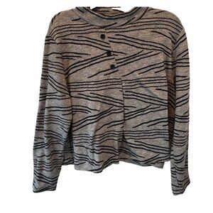 Trisha Tyler Gray Black Lines Mock Neck Pullover Knit Top XL Artsy Unique